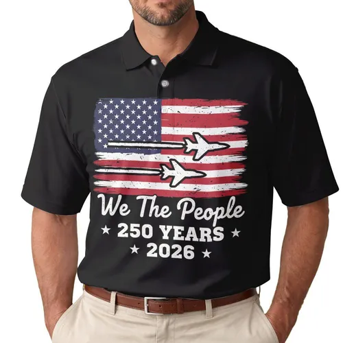 We The People Distressed Flag Fighter Jets 1776-2026 - USA 250th Anniversary Patriotic Gift Men's Polo Shirt
