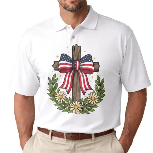 Wooden Cross American Flag Patriotic 1776-2026 - USA 250th Anniversary Gift for Veterans Men's Polo Shirt
