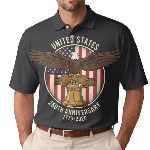 Bald Eagle Liberty Bell American Flag 1776-2026 - USA 250th Anniversary Gift for Veterans Men's Polo Shirt