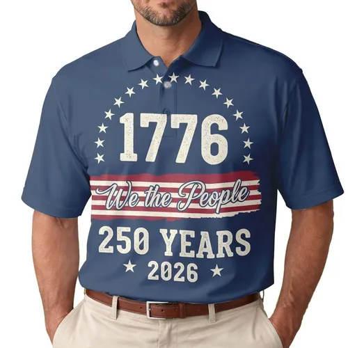 We The People 1776 Distressed Flag - USA 250 Years of Freedom Independence Day Gift for Dad Men's Polo Shirt
