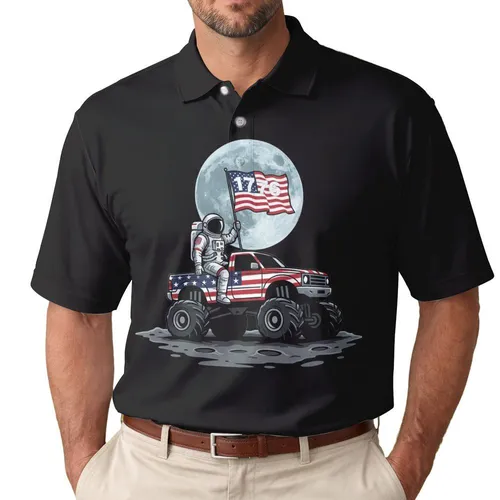 Astronaut Monster Truck 1776 Flag Lunar - USA 250th Anniversary Patriotic Gift for Veterans Men's Polo Shirt