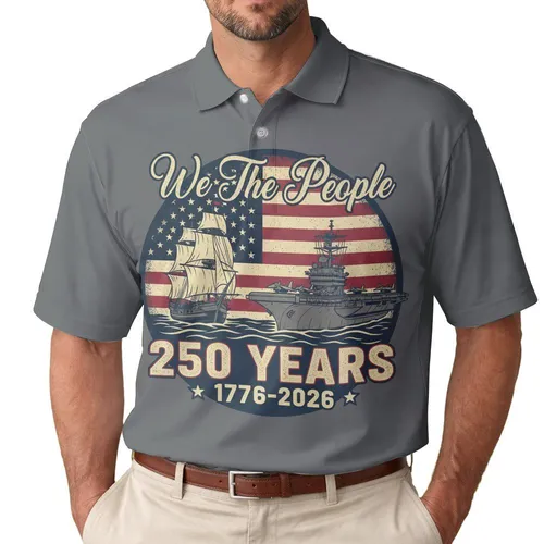 We The People 1776-2026 Ships Distressed Flag - USA 250th Anniversary Gift for Veterans Men's Polo Shirt