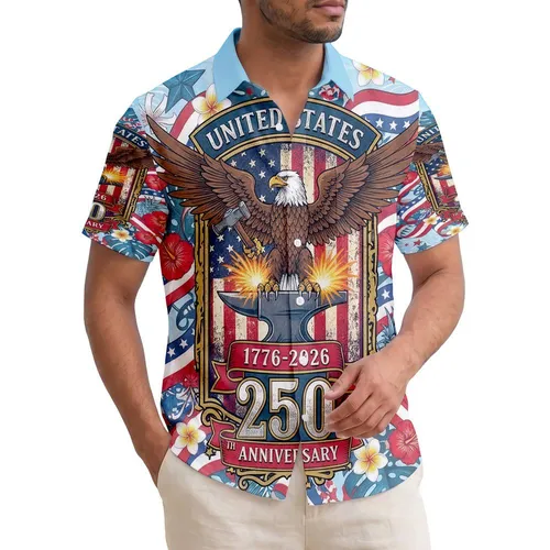 Bald Eagle Anvil American Flag Tropical Leaves - USA 250th Anniversary Independence Day Hawaiian Shirt
