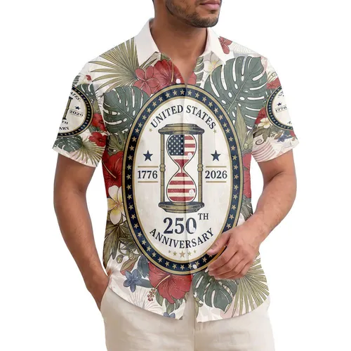 Tropical Patriotic Emblem Hourglass 1776-2026 - USA 250th Anniversary Celebration Hawaiian Shirt