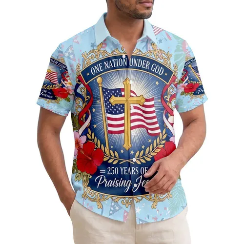 American Flag Cross ONE NATION UNDER GOD Praising Jesus - USA 250th Anniversary Hawaiian Shirt