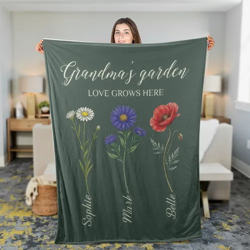 Personalized Grandma's Garden Blanket Mothers Day Gift, Grandma Gardens Birth Month Flowers, Gifts For Grandparent