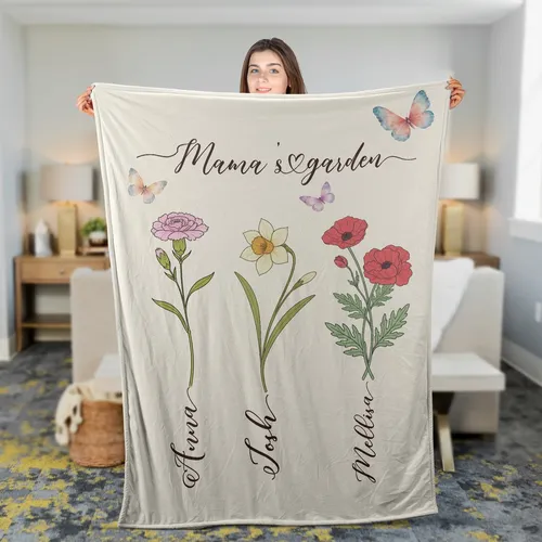 Personalized Custom Mom's Garden Fleece Blanket, Birth Flower Names, Mother's Day Gift