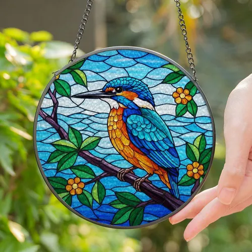 Vibrant Kingfisher Stained Glass Art - Tiffany Style Nature Decor for Home Accent Stained Glass Suncatcher