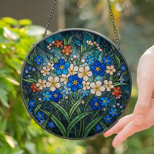 Tiffany Glass Forget-Me-Not Flowers Blue Cream Orange Mosaic - Luminous Jewel Tone Decor Stained Glass Suncatcher