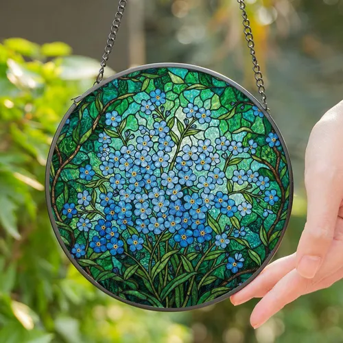 Forget-Me-Not Flowers Tiffany Style Stained Glass Jewel Tone Intricate Floral Mosaic Stained Glass Suncatcher