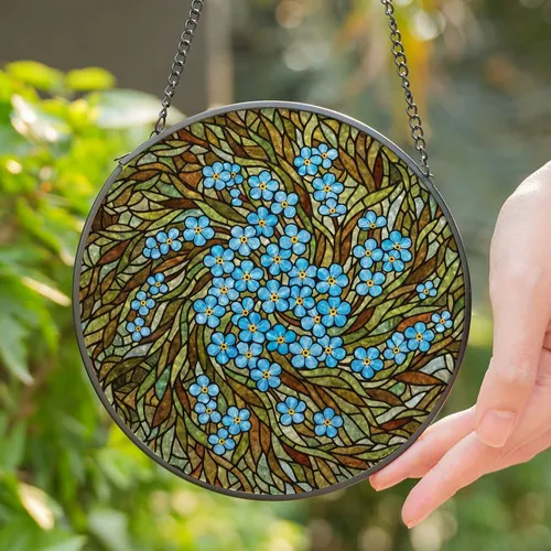 Blue Forget-Me-Not Flowers Tiffany Glass Stained Translucent Jewel Floral Art Stained Glass Suncatcher