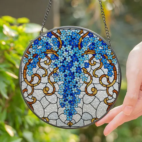 Blue Forget-Me-Not Flowers Tiffany Stained Glass Water Ripple Brown Gold Jewel Tone Stained Glass Suncatcher