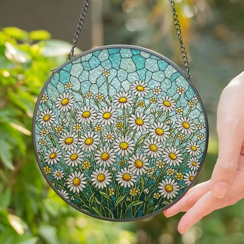 Dense Daisy Flowers Stained Glass Tiffany Style Art - Floral Sky Mosaic Jewel Tones Stained Glass Suncatcher