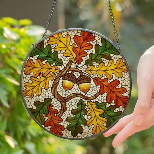 Oak Acorn Branch Leaves Tiffany Stained Glass Mosaic - Glowing Translucent Jewel Tones Stained Glass Suncatcher
