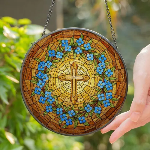 Christian Cross Stained Glass Art Forget-Me-Not Flowers Tiffany Jewel Tone Mosaic Design Stained Glass Suncatcher