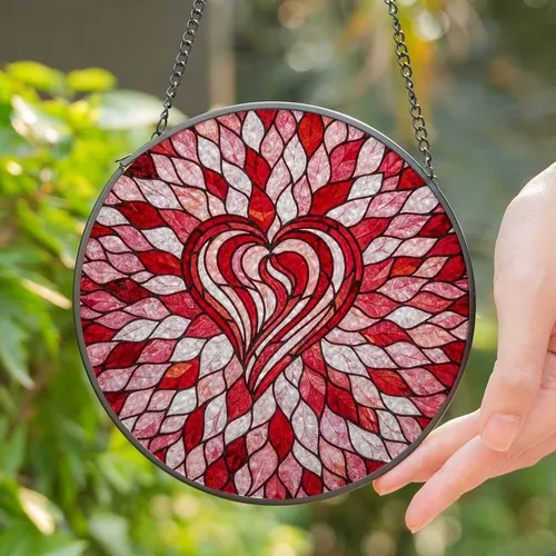 Radiant Heart Stained Glass Mosaic - Tiffany Style Jewel Tones Red Pink White Leaf Pattern Stained Glass Suncatcher