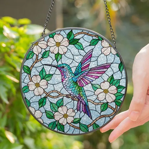 Iridescent Hummingbird Tiffany Glass Style Dogwood Flowers Teal Magenta Blue Sky Art Stained Glass Suncatcher