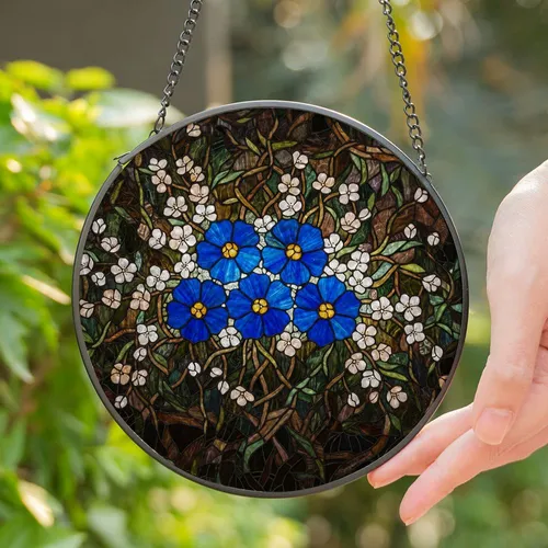 Blue Flowers Stained Glass Mosaic Art with Tiffany-Inspired Floral Foliage Design Stained Glass Suncatcher