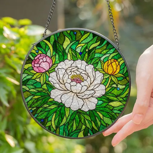 White Peony Stained Glass - Tiffany Style Pink & Yellow Peony Flowers Green Foliage Stained Glass Suncatcher