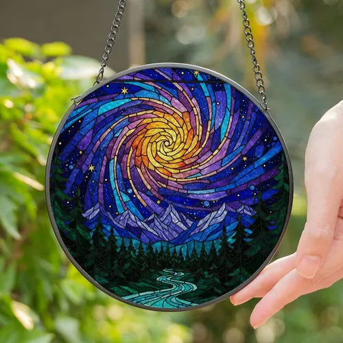 Cosmic Vortex Galaxy Stained Glass - Tiffany Style Mountain Forest River Landscape Art Stained Glass Suncatcher