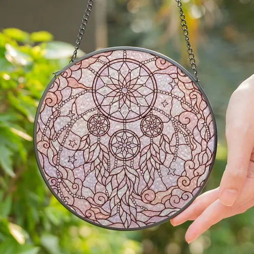Dreamcatcher Intricate Web Stained Glass Pastel Clouds Stars Feathers Tiffany Stained Glass Suncatcher