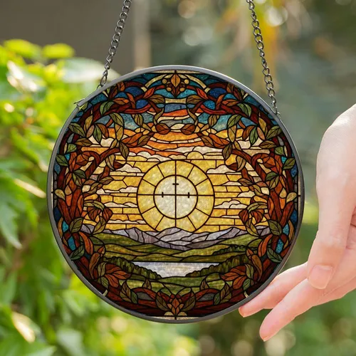 Golden Orb Cross Tiffany Stained Glass Art - Sunset Mountain Landscape Home Decor Stained Glass Suncatcher
