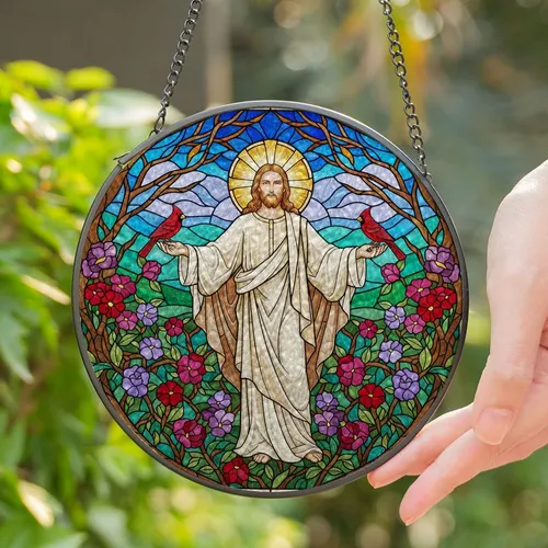 Jesus Christ Red Cardinals Stained Glass Garden Mosaic - Glowing Jewel Tone Spiritual Decor Stained Glass Suncatcher