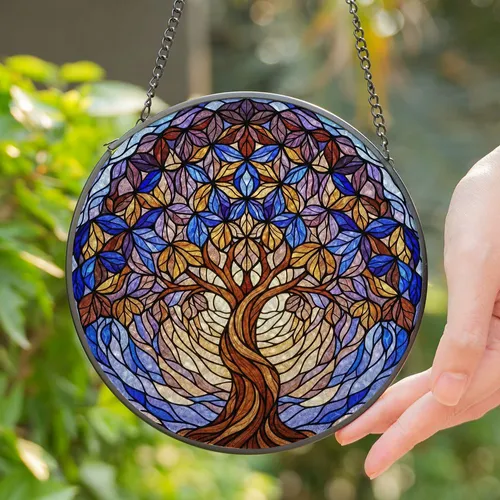 Tiffany Stained Glass Tree of Life Art - Intricate Dense Canopy Sunrise Sunset Glow Stained Glass Suncatcher