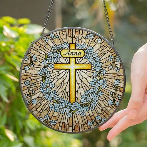Radiant Golden Cross Anna Forget-Me-Not Floral Vines - Tiffany Stained Glass Art Gift Stained Glass Suncatcher