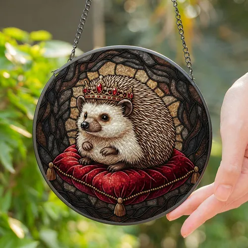 Fluffy Hedgehog Golden Crown Stained Glass Art - Intricate Jewel Tone Cushion Mosaic Stained Glass Suncatcher