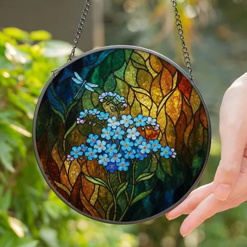 Forget-Me-Not Flowers Dragonfly Tiffany Stained Glass Ethereal Garden Mosaic Art Gift Stained Glass Suncatcher