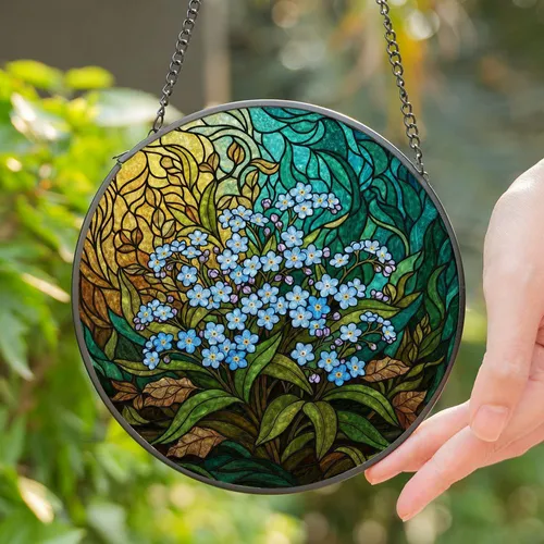 Forget-Me-Not Flowers Tiffany Stained Glass Mosaic Art - Deep Jewel Tone Floral Home Decor Stained Glass Suncatcher