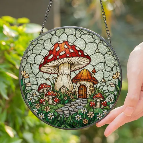 Mushroom Dwelling Toadstool Forest Stained Glass Tiffany Style Emerald Foliage Art Stained Glass Suncatcher