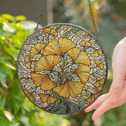 Ginkgo Leaves Tiffany Stained Glass Glowing Jewel Tone Window Panel Mosaic Decor Stained Glass Suncatcher