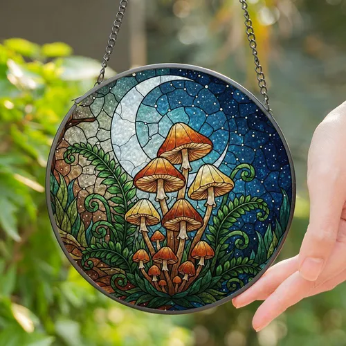 Tiffany Mushroom Fern Crescent Moon - Ethereal Forest Floor Night Sky Glasswork Stained Glass Suncatcher