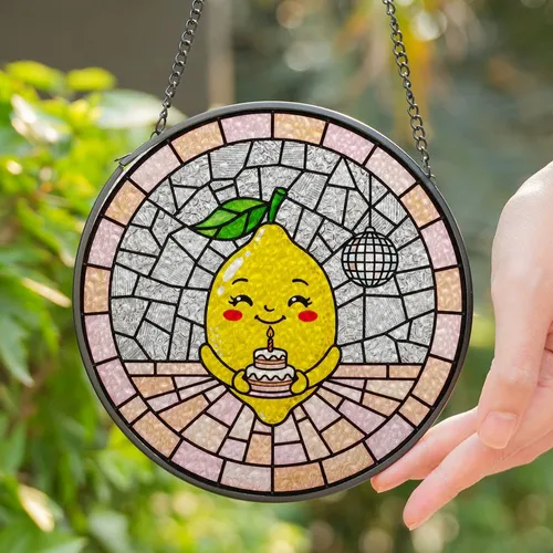Smiling Lemon Birthday Cake Disco Ball Stained Glass Mosaic Art - Party Celebration Gift Stained Glass Suncatcher