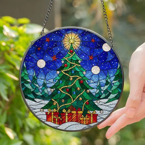 Stained Glass Christmas Tree Starry Night Evergreen Snow Gift Boxes - Holiday Gift Stained Glass Suncatcher