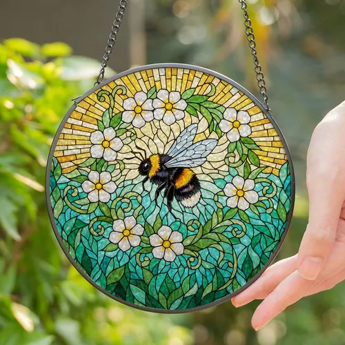 Bumblebee Stained Glass Flowers Tiffany Style Jewel Tone Sun Rays Intricate Foliage Stained Glass Suncatcher