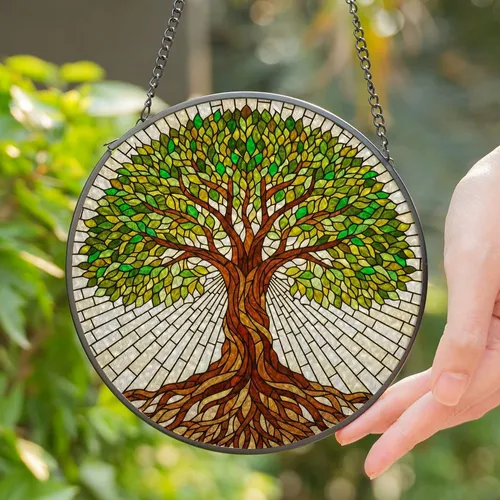 Symmetrical Tree of Life Stained Glass Mosaic - Intricate Jewel Tone Glowing Window Decor Stained Glass Suncatcher