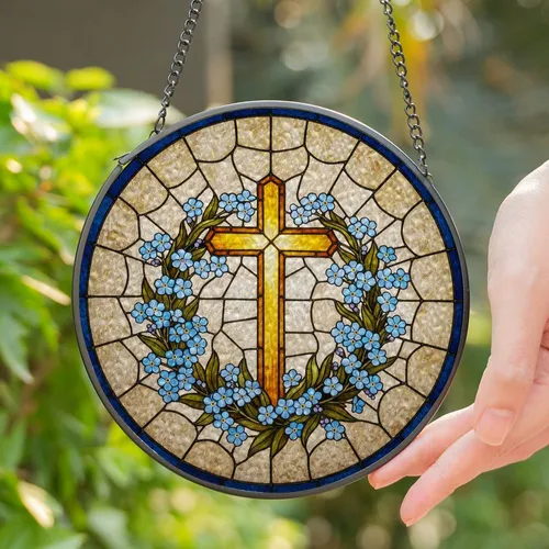 Glowing Golden Cross Blue Forget-Me-Not Stained Glass Tiffany Style - Christian Home Decor Stained Glass Suncatcher