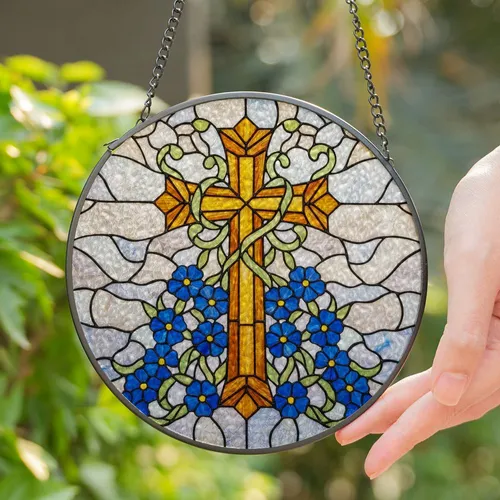 Tiffany Glass Latin Cross Amber Blue Forget-Me-Not Flowers Green Vines - Spiritual Decor Stained Glass Suncatcher