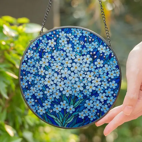 Delicate Forget-Me-Not Flowers Stained Glass Art - Glowing Tiffany Blue Teal Mosaic Stained Glass Suncatcher