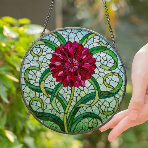 Deep Pink Dahlia Flower Stained Glass Tiffany Style Jewel Tones Cracked Ice Mosaic Stained Glass Suncatcher