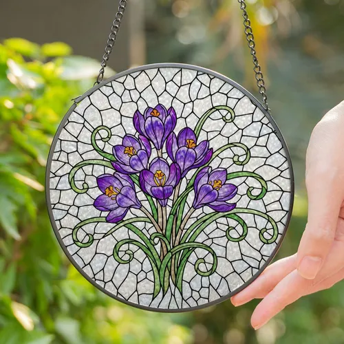 Purple Crocus Flowers Stained Glass Art - Detailed Intricate Tiffany Style Mosaic Stained Glass Suncatcher