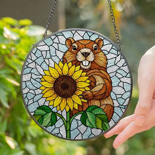 Groundhog Holding Sunflower Stained Glass Art - Tiffany Style Window Panel Decor Stained Glass Suncatcher
