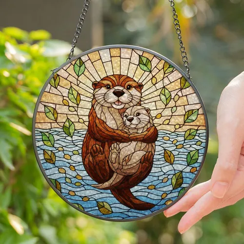 Mother Baby Otter Tiffany Stained Glass Jewel Tone Art - Home Decor Gift for Otter Lovers Stained Glass Suncatcher