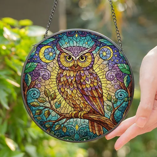 Vibrant Stylized Owl Tiffany Stained Glass Forest Canopy Moon Stars Collectible Stained Glass Suncatcher