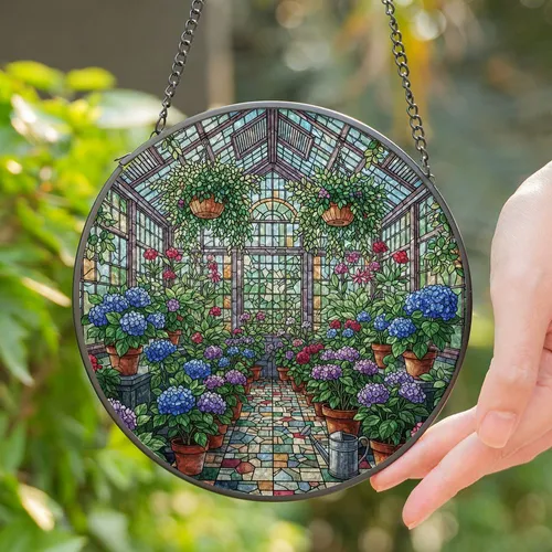Stained Glass Greenhouse Flowering Plants - Tiffany Style Hydrangeas & Potted Vines Decor Stained Glass Suncatcher