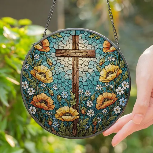 Rustic Wooden Cross Stained Glass Poppies Wildflowers Mosaic Art Home Decor Gift Stained Glass Suncatcher