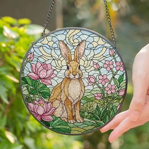 Light Brown Tan Rabbit Pink Lotus Flowers Stained Glass Tiffany Style Intricate Mosaic Stained Glass Suncatcher